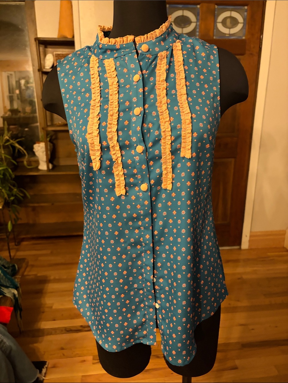 ModCloth Teal Floral Ruffle Button-Front Sleeveless Top